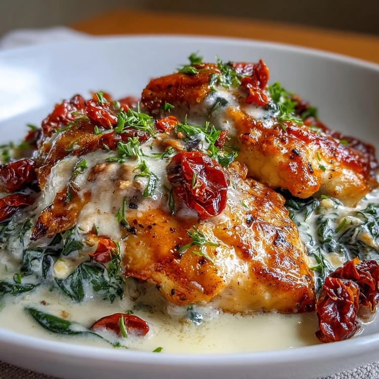 Golden-seared chicken breasts simmered in a velvety Tuscan cream sauce with spinach and sun-dried tomatoes.