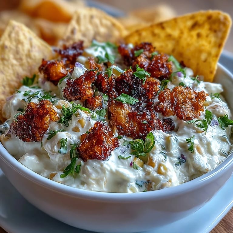 Savory elote dip with smoky corn, chili spices, and fresh cilantro, served alongside golden tortilla chips for dipping.