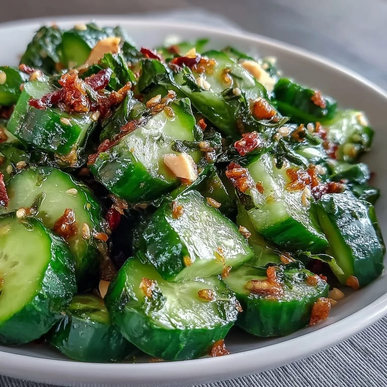 Garlic chili oil drizzled over smashed cucumber salad, a refreshing and spicy Asian-inspired vegan side dish.