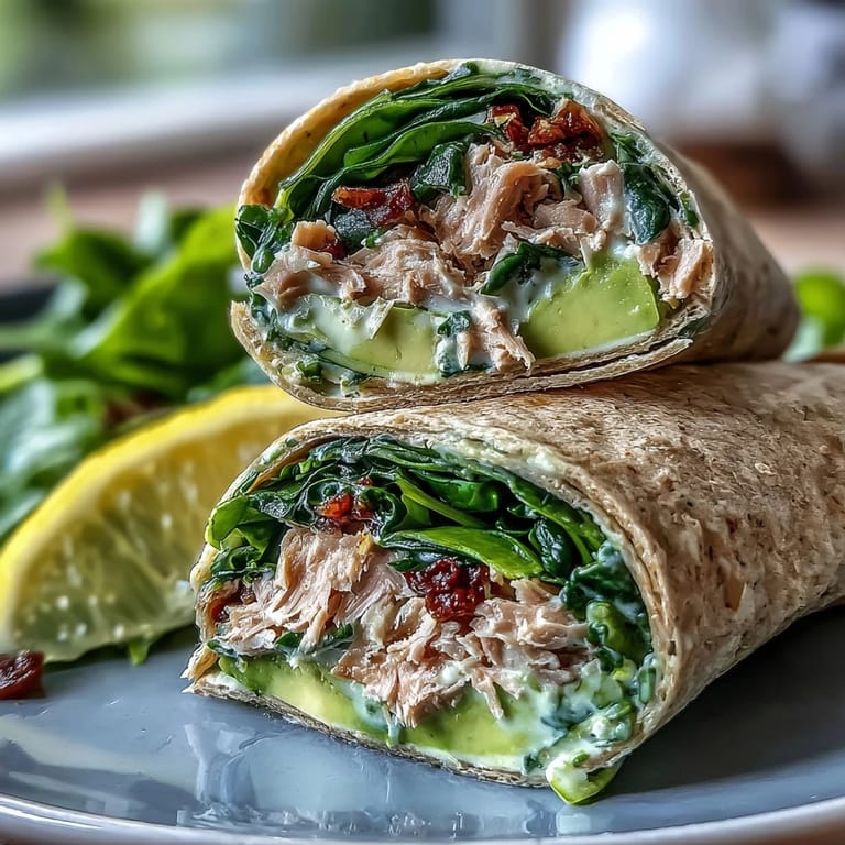 Healthy Easy 5-Ingredient Avocado Tuna Wraps: fresh spinach and tuna-avocado mixture rolled in tortillas, offering a quick, nutritious lunch perfect for on-the-go.