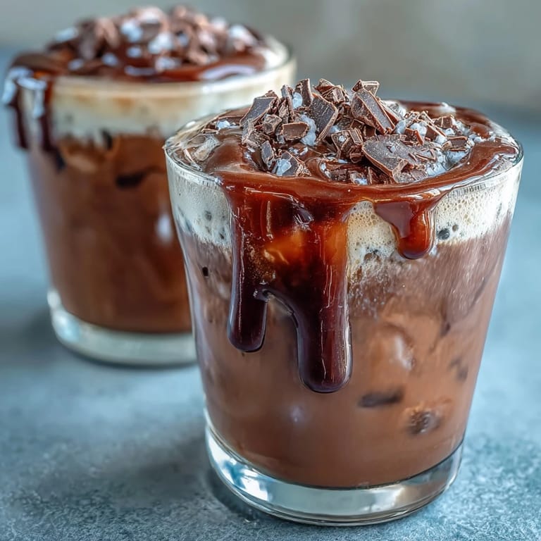 Two glasses filled with ice-cold brew are topped with silky chocolate cream, garnished with chocolate shavings for extra decadence.