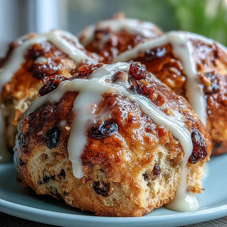 Warm Easter hot cross buns with orange glaze, each bun studded with currants and glistening with sweet citrus icing.