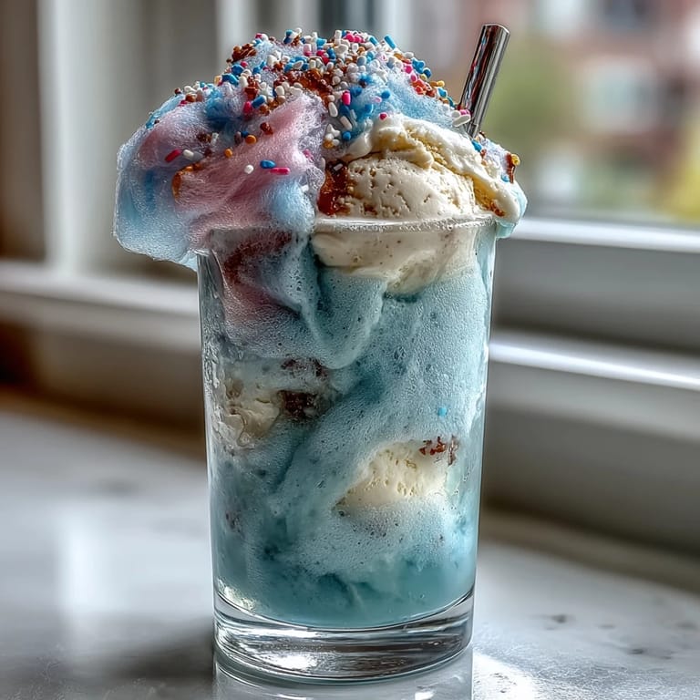 Pink and blue cotton candy swirls in a glass of lemonade, topped with a scoop of creamy vanilla ice cream.