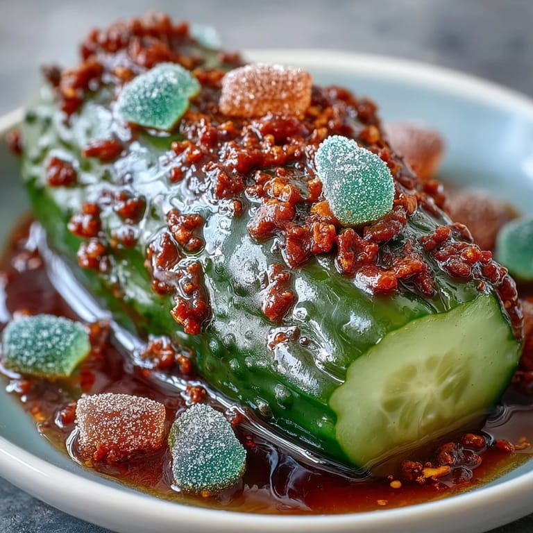 Gourmet Chamoy Pickle Kit in a Cup showcasing crunchy pickles and sweet candy toppings.