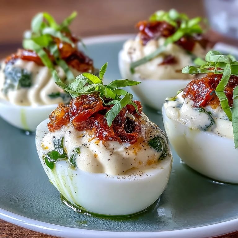 Delicious caprese deviled eggs, drizzled with vibrant basil oil and fresh toppings.