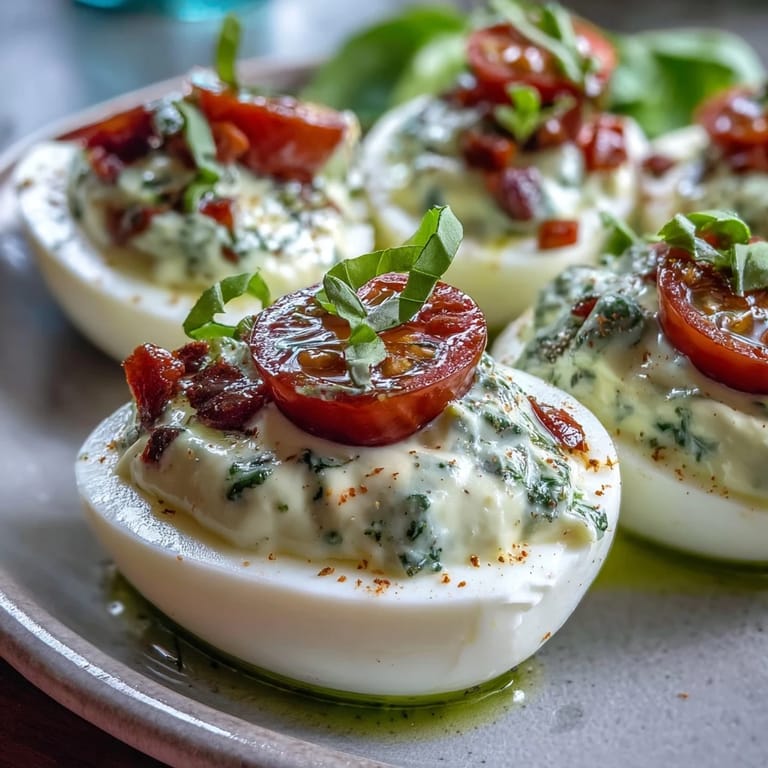 Taste of Italy: caprese deviled eggs with fresh herbs and juicy diced tomato.