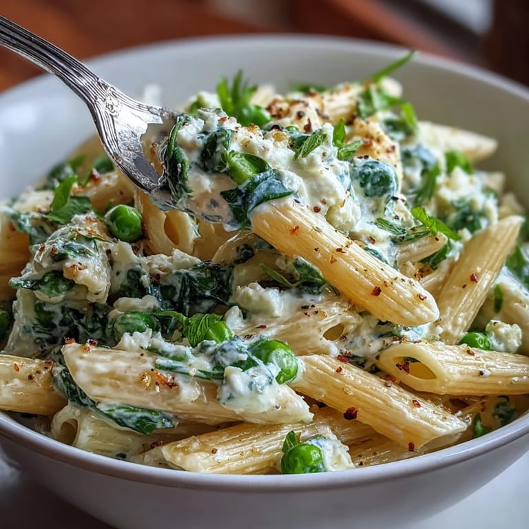 Vibrant One-Pot Lemon Ricotta Pasta with Peas, a zesty, dairy-rich dish garnished with herbs.