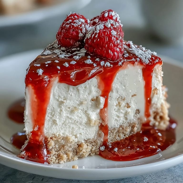 Creamy no-bake cheesecake with buttery crust and glistening fresh raspberry coulis.