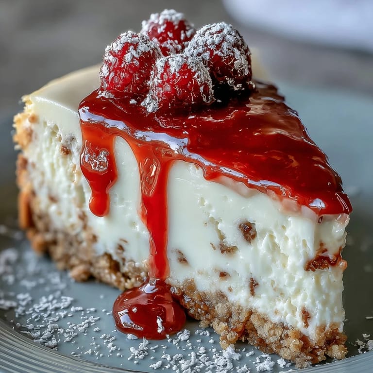 Decadent Mother's Day no-bake cheesecake topped with jewel-toned raspberry sauce.