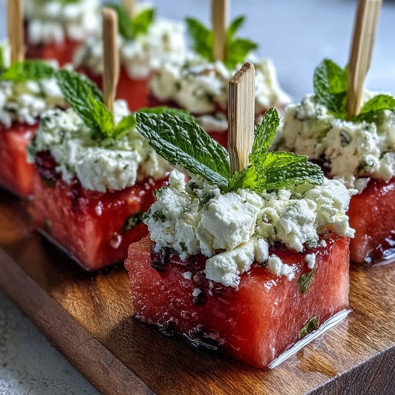 Sweet watermelon, salty feta, and cool mint skewers, a perfect easy appetizer.