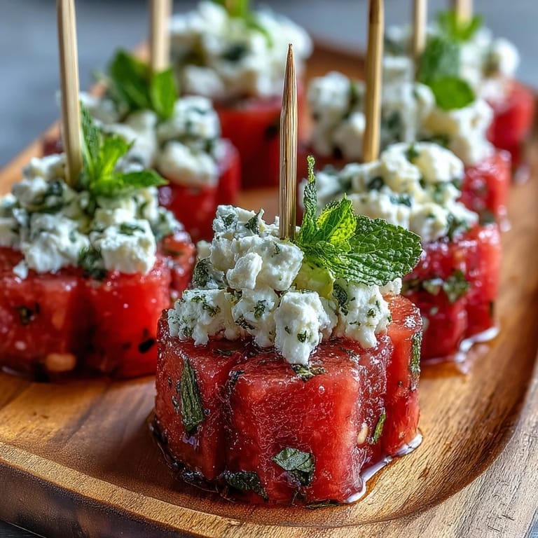 Vibrant toothpick-skewered watermelon feta bites with optional balsamic glaze.