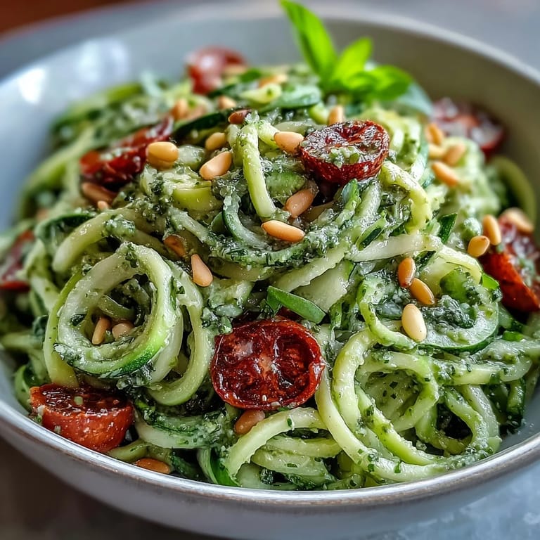 Freshly made Zucchini Noodles with Avocado Pesto, perfect for a light, flavorful lunch.
