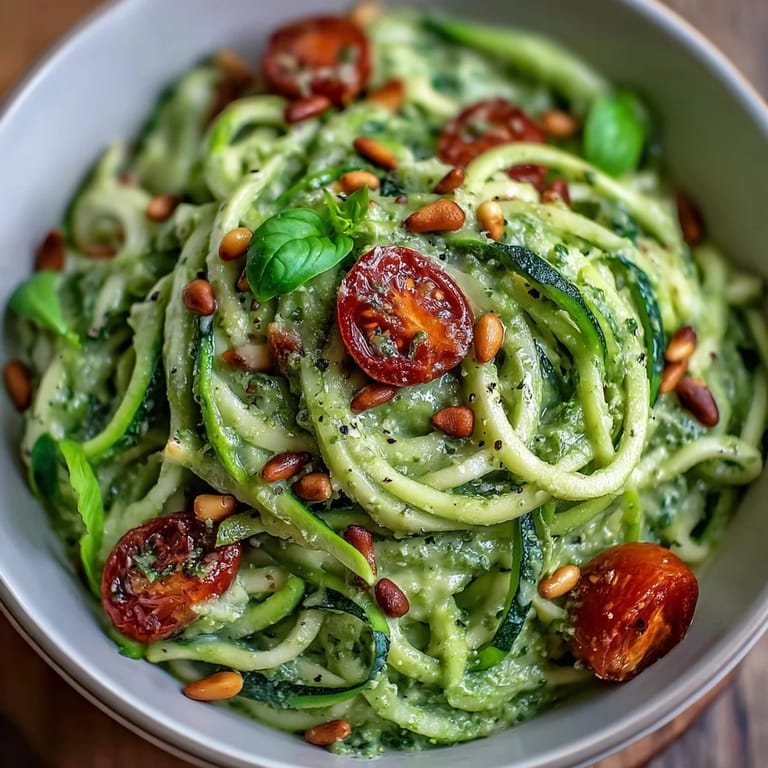 Delicious Zucchini Noodles with Avocado Pesto, showcasing creamy avocado and fresh basil goodness.