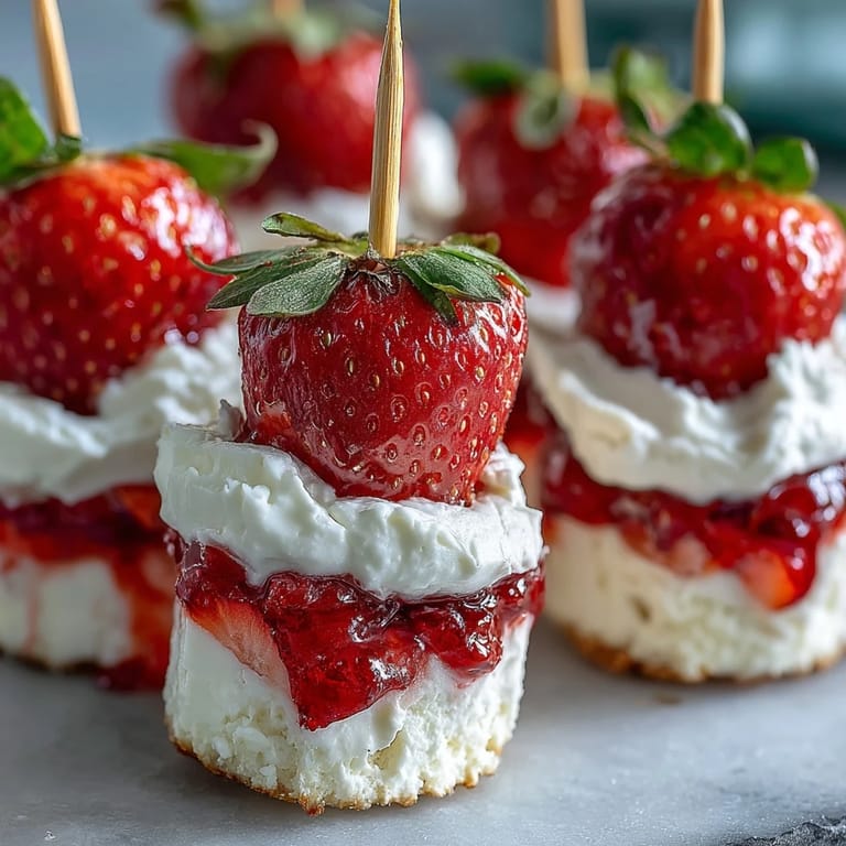 Easy Mini Strawberry Shortcake Bites, perfect red berries and biscuit-like cake stacks.