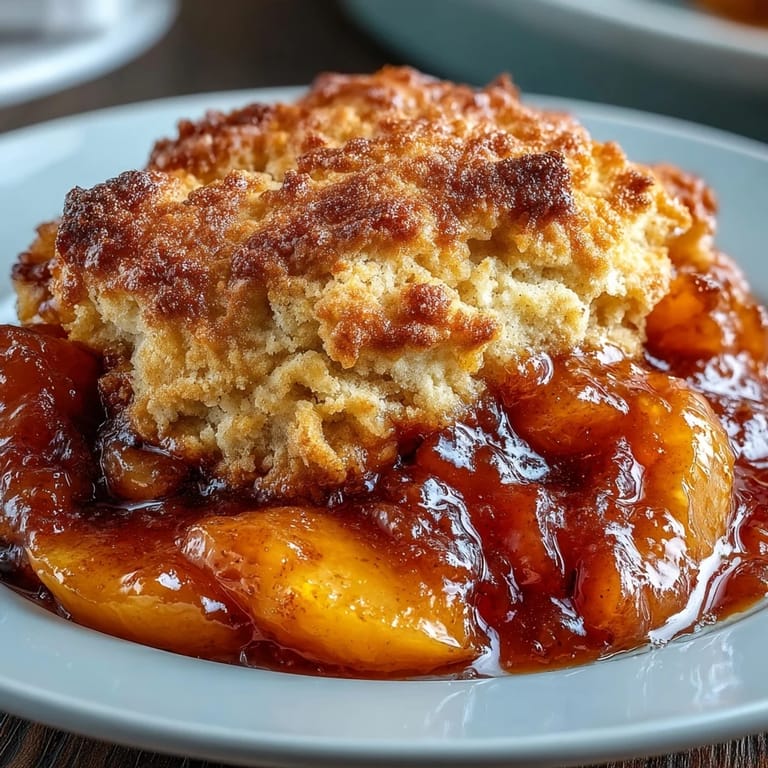 Rustic peach cobbler featuring fluffy biscuits, served straight from the oven.
