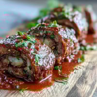 Juicy, tender Sicilian-Style Braciole rolls stuffed with pine nuts and raisins, simmered in a rich red tomato sauce and served hot.