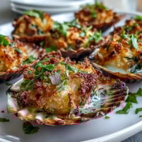 Golden roasted clams with lemony panko sit on a bed of rock salt, garnished with fresh parsley and lemon wedges. 