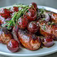 Roasted Sausage and Grapes bubbling in a rustic baking dish, garnished with fresh rosemary and served with crusty bread.
