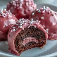 Oreo Truffle Balls with Pink Candy Coating sit on a parchment-lined tray, their glossy pink shells reflecting light with a delicate, sweet sheen.  