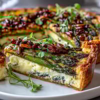 Spring asparagus tart with puff pastry, golden and flaky, topped with fresh asparagus spears and melted cheese for a vibrant vegetarian appetizer.