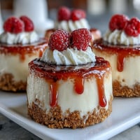 Housewarming Mini Cheesecakes with a golden cookie crust, topped with fresh berries for a festive bite-sized dessert.