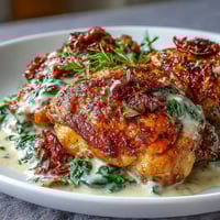Creamy Tuscan Chicken with Sun-Dried Tomatoes in a rich, golden sauce with spinach and fresh basil.