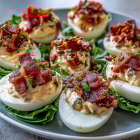 BLT Deviled Eggs with crispy bacon crumbles and fresh lettuce, perfect for parties and gatherings.