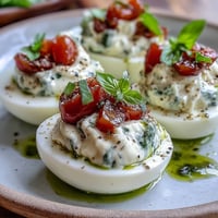 Caprese deviled eggs with basil oil, bright tomatoes, and creamy mozzarella.
