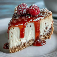 Mother's Day No-Bake Cheesecake adorned with vibrant, drizzled raspberry coulis.