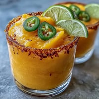 Spicy mango margarita slushie with vibrant lime and jalapeño, an icy, refreshing delight.
