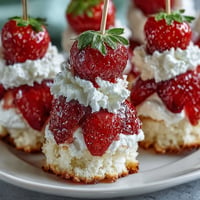 Mini Strawberry Shortcake Bites: colorful skewers with fluffy cake, fresh berries, and cream.