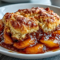 Warm, bubbling peach cobbler with golden biscuit topping, a delightful Southern dessert.